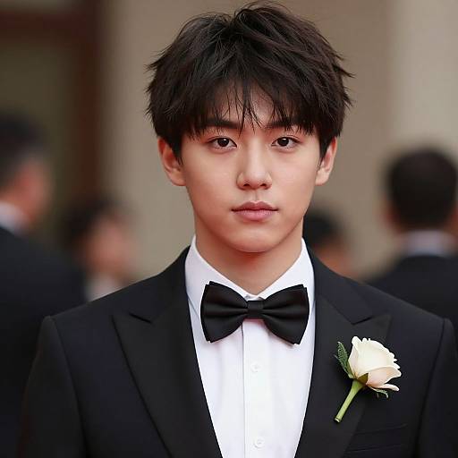 Photograph of a young Asian man with short black hair, wearing a black tuxedo, white shirt, black bow tie, and white rose bout