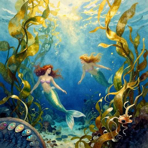 Digital artwork of two mermaids with flowing red hair, green and yellow scales, swimming amidst glowing underwater plants and fish, bathed in sunlight.