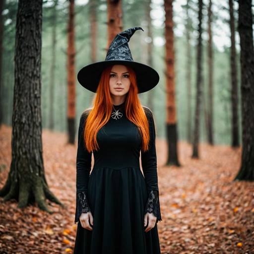 Young Woman in Witch Costume in Forest