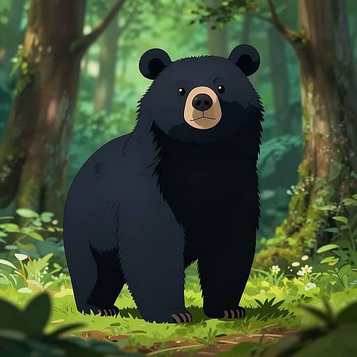Digital illustration of a cute, black bear with a light beige snout standing in a vibrant, sunlit forest. The bear looks directly at the viewer