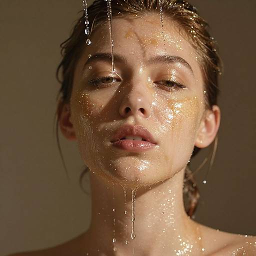 Close-up photograph of a wet-faced woman with closed eyes, water droplets on her skin, brown hair pulled back, neutral background.
