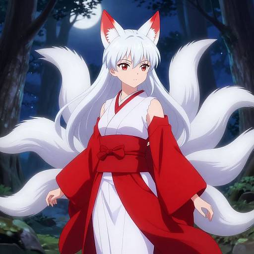 Digital anime artwork of a white-haired, red-eyed fox girl with nine large white tails, wearing a red and white kimono in a moonlit forest