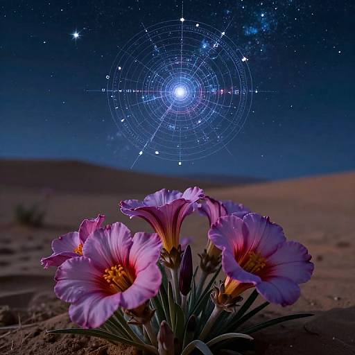 Photograph of pink desert flowers with glowing yellow centers, under a starry night sky featuring a luminous spiderweb constellation.