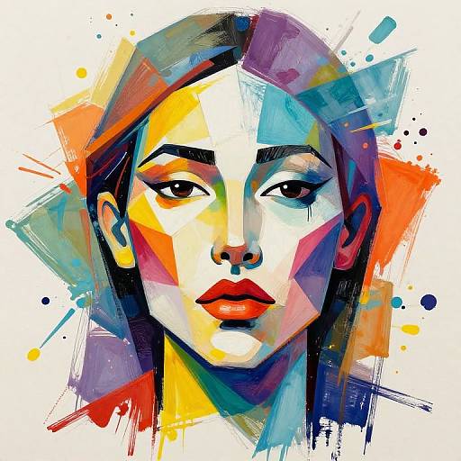 Vibrant abstract portrait of a woman with colorful geometric patterns, bold red lips, and intense eyes, surrounded by splashes of blue, orange,