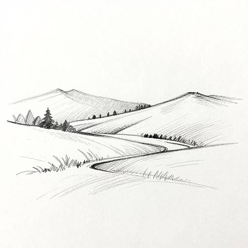 Black-and-white line drawing of rolling hills with sparse trees, showcasing gentle slopes and layered textures in a minimalist style.
