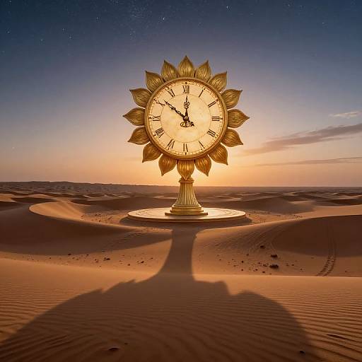 Photograph of a golden sun-shaped clock with a white face and black hands, standing in a vast, orange desert at sunset, casting a long shadow
