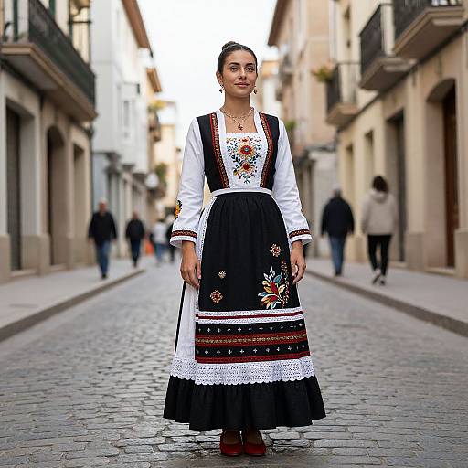 Photograph of a young woman in traditional Spanish folk dress, standing on a cobblestone street in a narrow European alley.