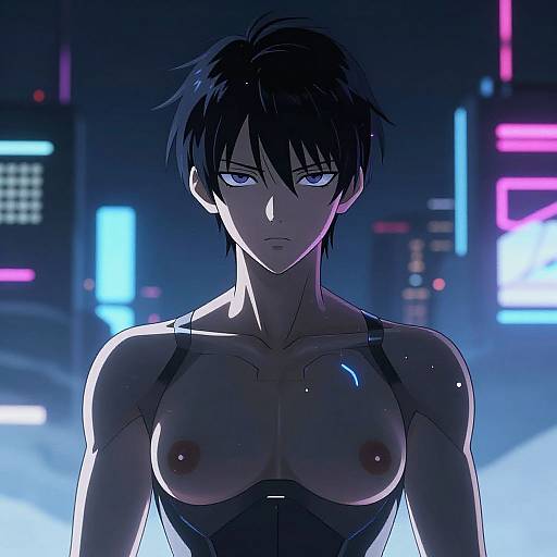 Digital anime-style drawing of a topless, muscular, androgynous character with short black hair, glowing blue eyes, and small breasts, standing