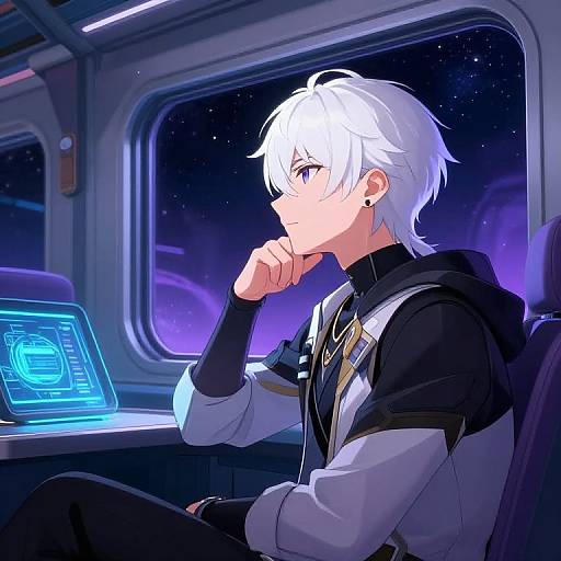 Anime-style digital drawing of a white-haired, white-skinned, androgynous person in a black and white jacket, seated in a spaceship,