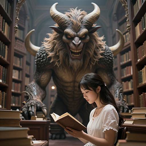 Photograph-style digital art: Asian woman in white dress reading in dim library, monstrous horned beast with sharp teeth looms behind.