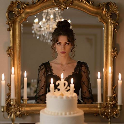 Photograph of a woman with dark hair in a bun, wearing black lace, standing before an ornate gold mirror with lit candles, reflecting a white