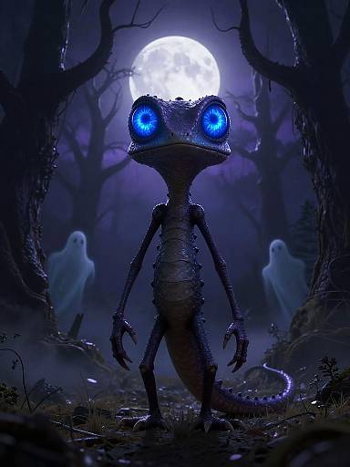Digital illustration of a glowing blue-eyed, dark reptilian creature with a long tail, standing in a spooky, moonlit forest with two ghostly figures