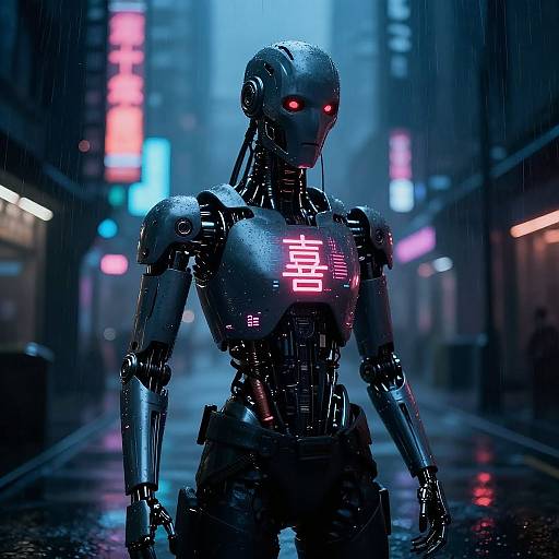 Cybernetic android with glowing red eyes and neon 