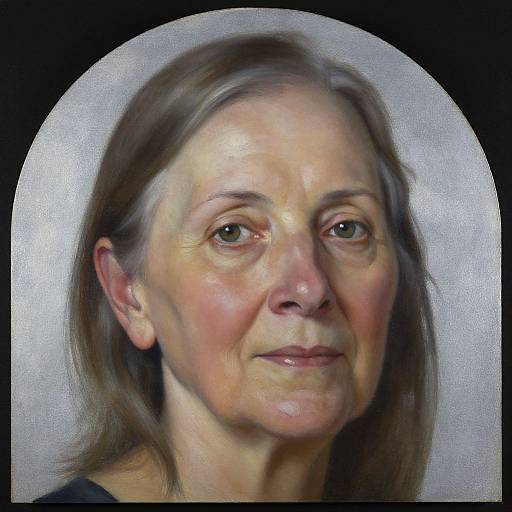 Realistic digital portrait of an older woman with light skin, brown hair, green eyes, and subtle smile, set against a white circular background.