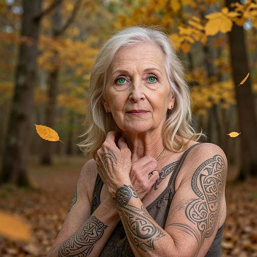 Photograph of an elderly woman with white hair, green eyes, and intricate black tattoos on her arms, standing in an autumn forest with yellow leaves.