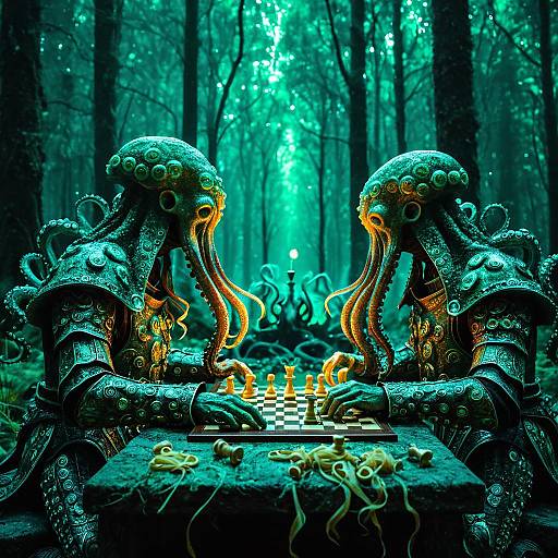Octopus Humanoids Playing Chess in Enchanted Forest