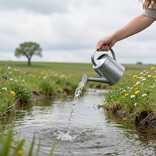 Woman Watering Tranquil Pastoral River