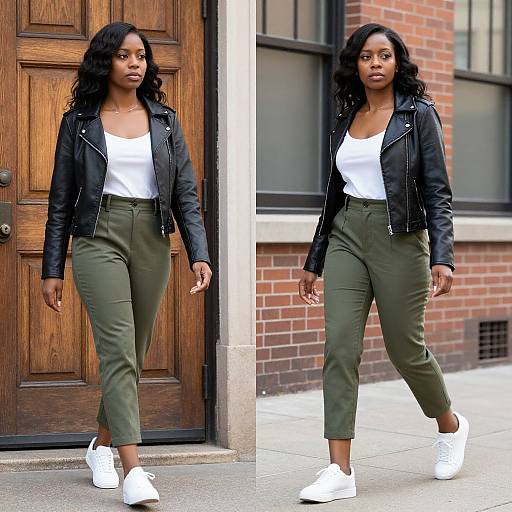 Photograph of a confident Black woman with wavy hair, wearing a black leather jacket, white tank top, olive green high-waisted pants,