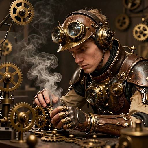 Steampunk Inventor in Brass Workshop