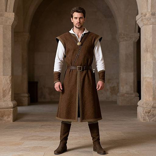 Photorealistic digital image of a handsome, bearded man in medieval brown tunic, white shirt, black belt, and boots, standing in a