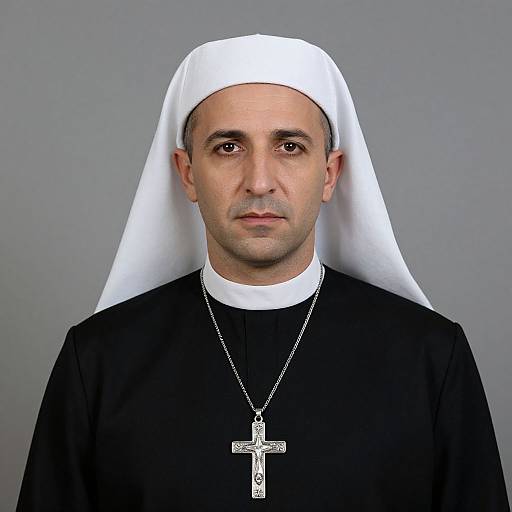 Photograph of a male Catholic priest with light skin, short dark hair, wearing a white headcovering, black robe, and silver cross necklace, against