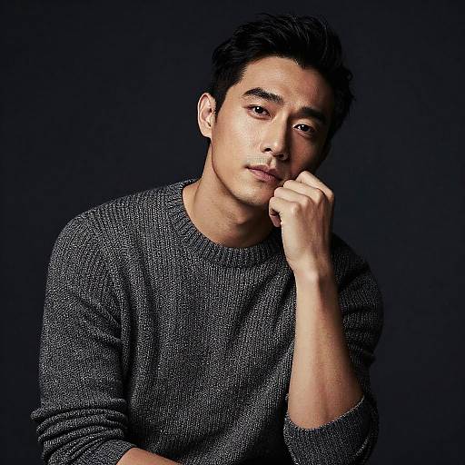 Photograph of an Asian man with short black hair, wearing a grey knit sweater, against a dark background, resting his chin on his hand with a