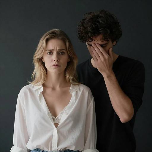 Concerned Woman Beside Unknown Man