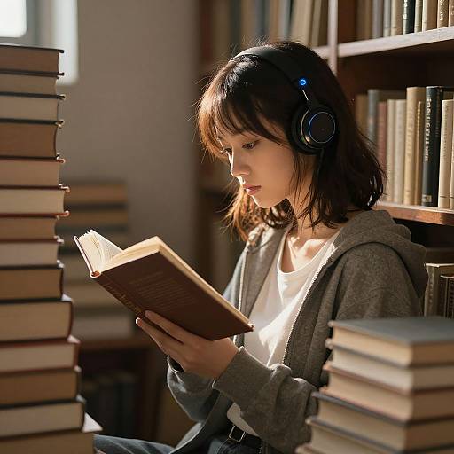 Photograph of a young woman with dark hair, wearing headphones and a gray hoodie, reading a book in a sunlit library. Stacks of books