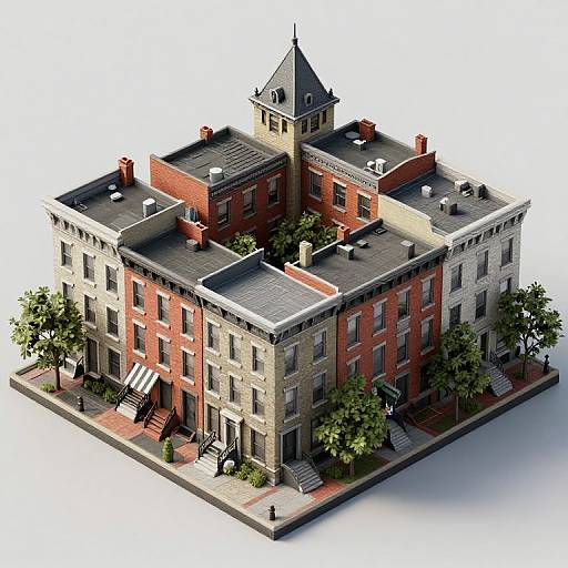 Isometric 3D model of a classic urban townhouse complex with red and beige brick buildings, rooftop chimneys, a central tower, trees,