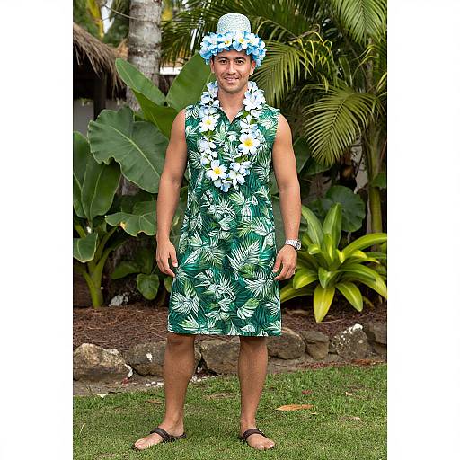 Photograph of a smiling man in a green floral shirt, blue flower lei, and hat, standing on grass with tropical plants behind him.