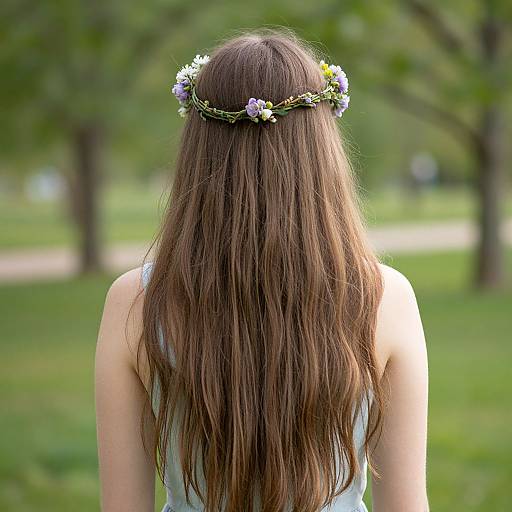 Photograph of a woman with long brown hair, wearing a floral crown, seen from behind in a green, tree-filled park.