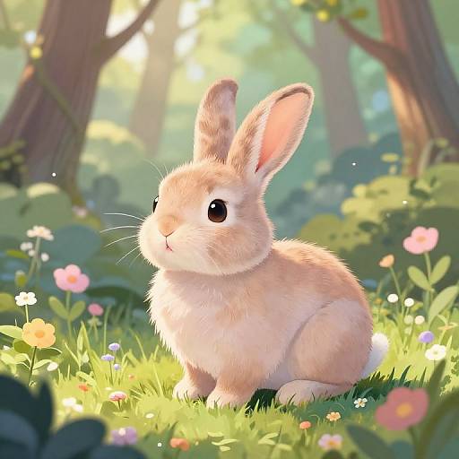 Digital painting of a cute, fluffy light-brown bunny with large black eyes, sitting in a sunlit forest clearing filled with colorful flowers and greenery