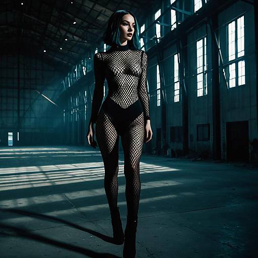 Androgynous Model in Sheer Fishnet Gothic Dress in Abandoned Hangar