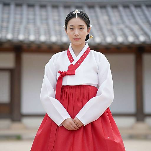 Photograph of a young Asian woman in traditional Korean hanbok, white top, red skirt, and red ribbon, standing in front of a tiled