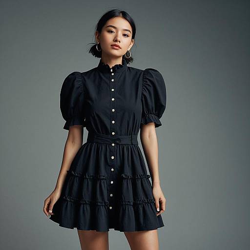 Chic Woman in Black Ruffle Dress