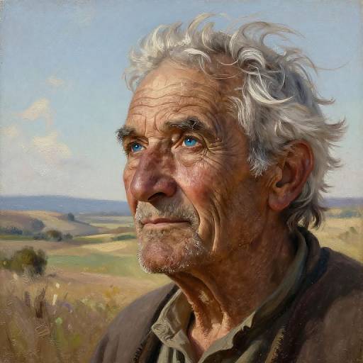 Digital painting of an elderly man with white curly hair, blue eyes, weathered skin, and a gentle smile, set against a bright, rural landscape