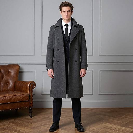 Photograph of a serious-looking man with short brown hair, wearing a long dark gray overcoat, black suit, white shirt, black tie, standing