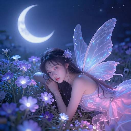 Photograph-style digital art of a fair-skinned fairy woman with glowing blue wings, lying in a moonlit field of glowing flowers under a crescent