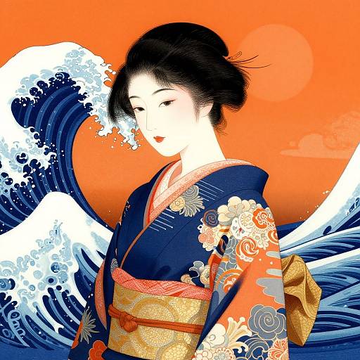 Digital illustration of a serene Japanese woman in a dark blue kimono with floral patterns, standing against an orange sunset and blue wave background.
