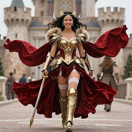 Digital art of a smiling, dark-skinned, horned woman in golden armor and red velvet cape, holding a sword, running toward a castle.