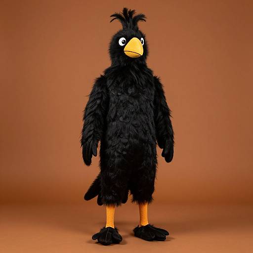 CGI cartoon black fluffy penguin with orange beak, feet, and slippers, standing on a plain brown background.
