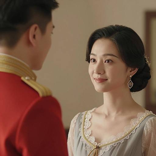 Woman Facing Man in Military Uniform