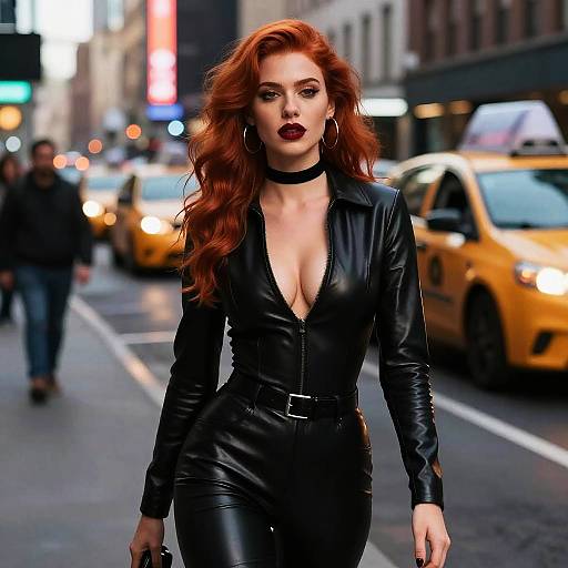 Photograph of a confident red-haired woman with deep cleavage in a black leather zip-up jumpsuit, walking on a bustling city street with yellow taxis