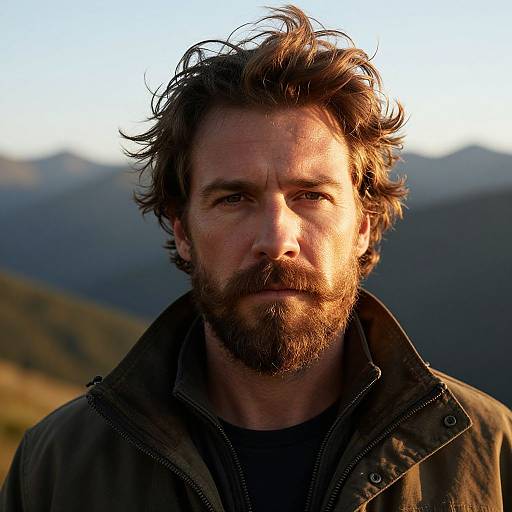 Photograph of a bearded man with tousled brown hair, wearing a dark jacket, standing outdoors with sunlit mountains in the background.