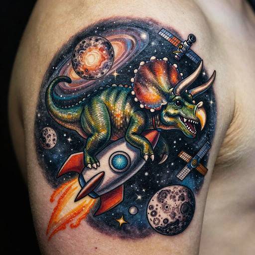 Vibrant tattoo on a shoulder of a green, horned dinosaur rocketing through space, surrounded by planets, stars, and a satellite, with