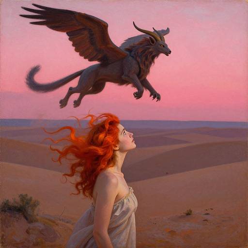Digital painting of a red-haired woman gazing at a black winged griffin soaring above a pink-hued desert landscape at sunset.