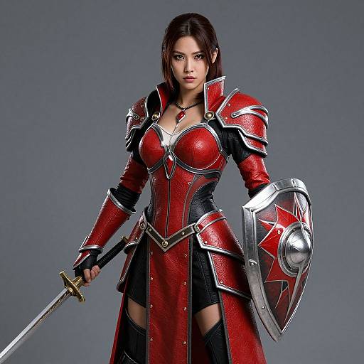 CGI image of a fierce, dark-haired woman in red and black armored attire, holding a sword and shield, standing against a gray background.
