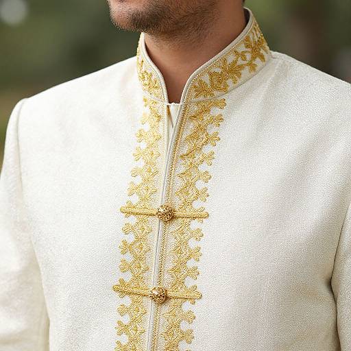 Photograph of a man's upper chest and neck, wearing a white, intricately embroidered gold traditional shirt with a high collar.