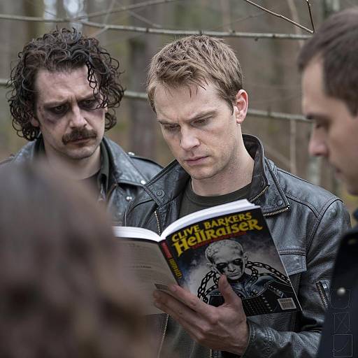 Three Men in Forest with Comic Book