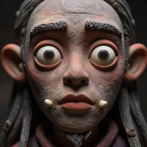 Close-up photograph of a textured, clay-like, African-style doll with wide, staring eyes, dark braided hair, and two small, white,